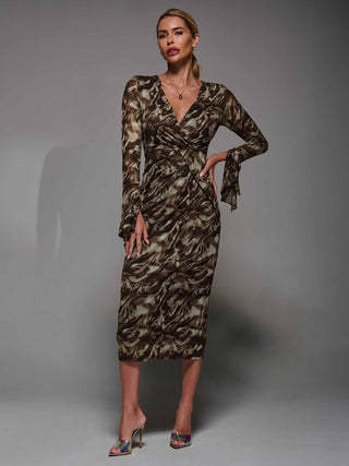 Long Sleeve Mesh Bodycon Dress Brown Abstract