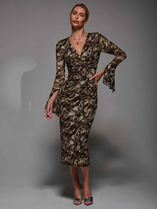 Long Sleeve Mesh Bodycon Dress Brown Abstract