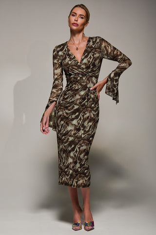 Long Sleeve Mesh Bodycon Dress Brown Abstract