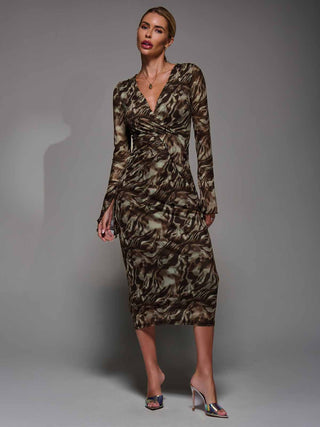 Long Sleeve Mesh Bodycon Dress Brown Abstract