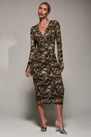 Long Sleeve Mesh Bodycon Dress Brown Abstract