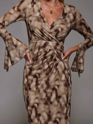 Long Sleeve Mesh Bodycon Dress Mocha Abstract