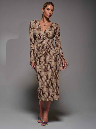 Long Sleeve Mesh Bodycon Dress Mocha Abstract