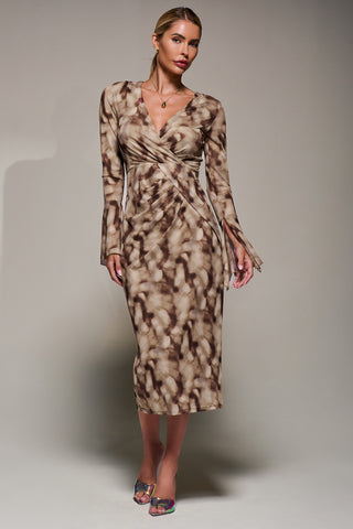 Long Sleeve Mesh Bodycon Dress Mocha Abstract