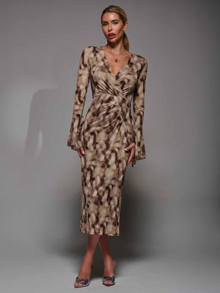 Long Sleeve Mesh Bodycon Dress Mocha Abstract