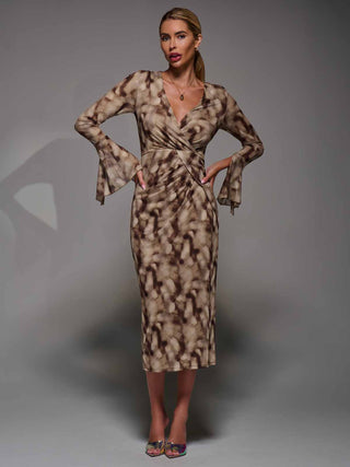 Long Sleeve Mesh Bodycon Dress Mocha Abstract