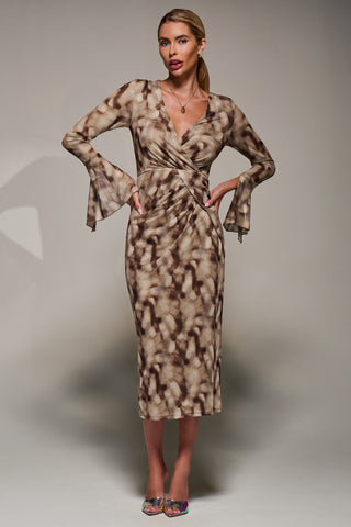 Long Sleeve Mesh Bodycon Dress Mocha Abstract