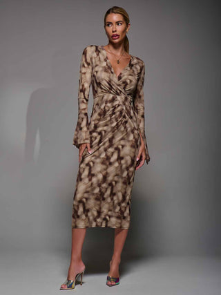 Long Sleeve Mesh Bodycon Dress Mocha Abstract