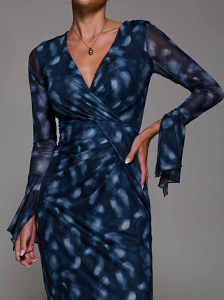 Long Sleeve Mesh Bodycon Dress Navy Abstarct