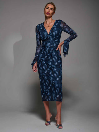 Long Sleeve Mesh Bodycon Dress Navy Abstarct