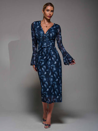 Long Sleeve Mesh Bodycon Dress Navy Abstarct