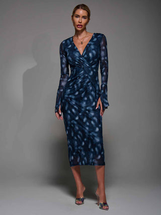 Long Sleeve Mesh Bodycon Dress Navy Abstarct