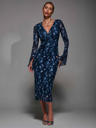 Long Sleeve Mesh Bodycon Dress Navy Abstarct
