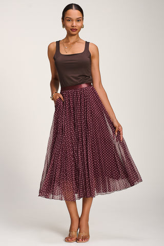 Print Crinkle Mesh Midi Skirt, Burgundy Spot