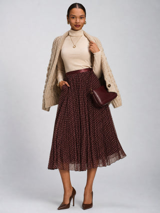 Print Crinkle Mesh Midi Skirt, Burgundy Spot