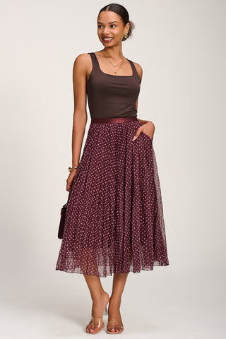 Print Crinkle Mesh Midi Skirt, Burgundy Spot