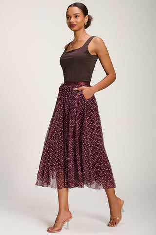 Print Crinkle Mesh Midi Skirt, Burgundy Spot