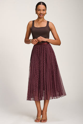 Print Crinkle Mesh Midi Skirt, Burgundy Spot