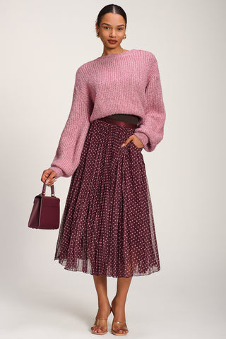 Print Crinkle Mesh Midi Skirt, Burgundy Spot