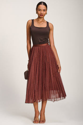 Print Crinkle Mesh Midi Skirt, Caramel Spot