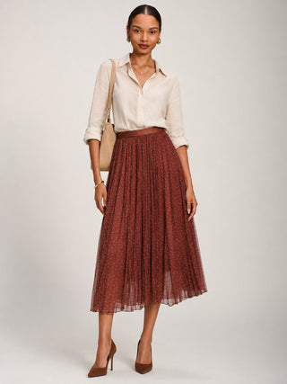 Print Crinkle Mesh Midi Skirt, Caramel Spot