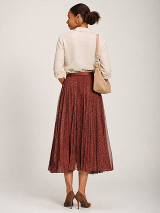 Print Crinkle Mesh Midi Skirt, Caramel Spot