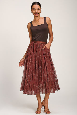Print Crinkle Mesh Midi Skirt, Caramel Spot