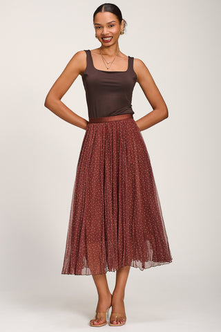 Print Crinkle Mesh Midi Skirt, Caramel Spot