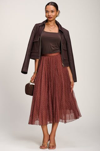 Print Crinkle Mesh Midi Skirt, Caramel Spot