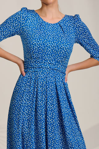 Sleeve Printed Jersey Midi Dress, Blue Ditsy