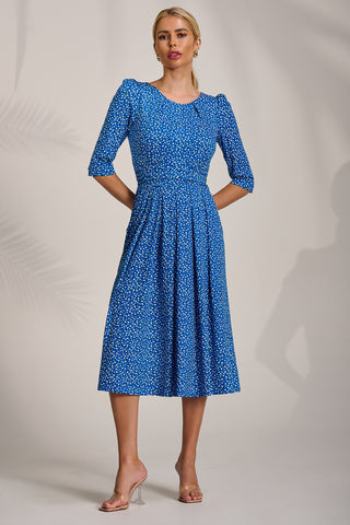 Sleeve Printed Jersey Midi Dress, Blue Ditsy