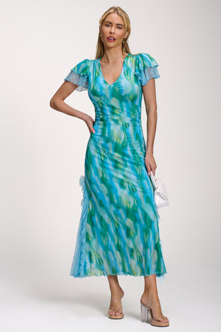 Lace Insert Mesh Midi Dress, Blue Abstract