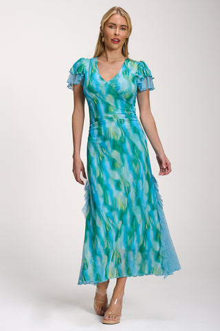 Lace Insert Mesh Midi Dress, Blue Abstract