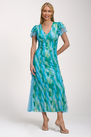 Lace Insert Mesh Midi Dress, Blue Abstract