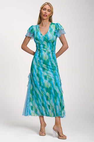 Lace Insert Mesh Midi Dress, Blue Abstract