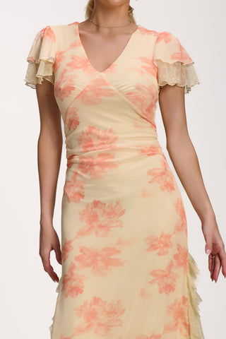 Lace Insert Mesh Midi Dress, Orange Abstract