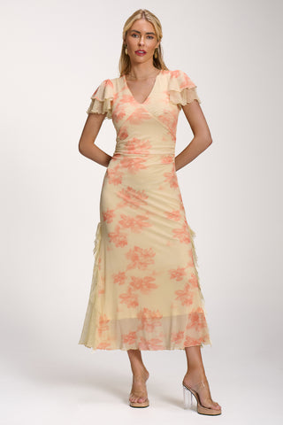 Lace Insert Mesh Midi Dress, Orange Abstract