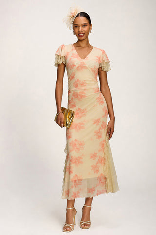 Lace Insert Mesh Midi Dress, Orange Abstract