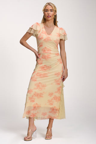 Lace Insert Mesh Midi Dress, Orange Abstract