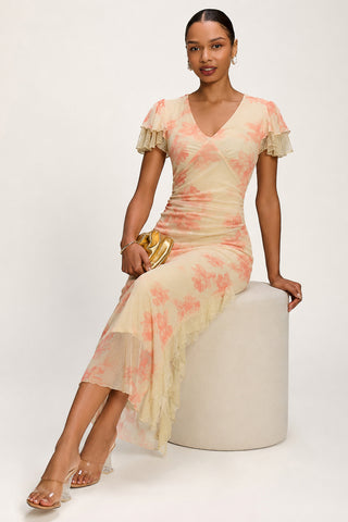 Lace Insert Mesh Midi Dress, Orange Abstract