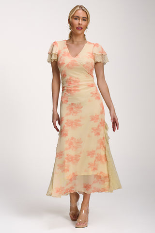 Lace Insert Mesh Midi Dress, Orange Abstract