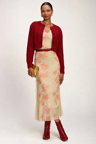 Lace Insert Mesh Midi Dress, Orange Abstract