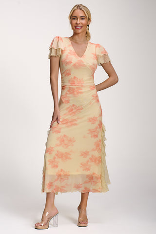 Lace Insert Mesh Midi Dress, Orange Abstract