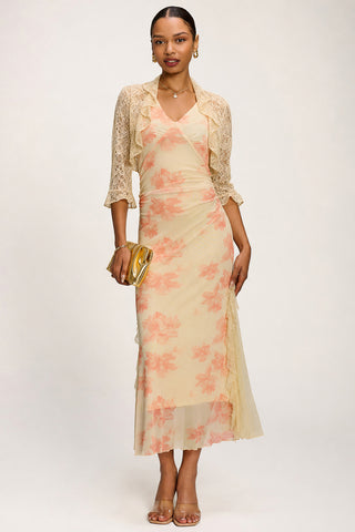 Lace Insert Mesh Midi Dress, Orange Abstract
