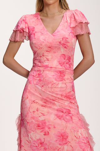 Lace Insert Mesh Midi Dress, Pink Abstract