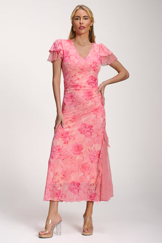 Lace Insert Mesh Midi Dress, Pink Abstract