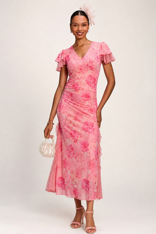 Lace Insert Mesh Midi Dress, Pink Abstract