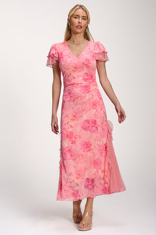 Lace Insert Mesh Midi Dress, Pink Abstract