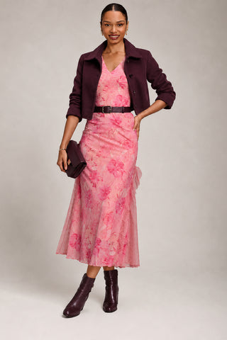 Lace Insert Mesh Midi Dress, Pink Abstract
