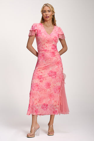 Lace Insert Mesh Midi Dress, Pink Abstract